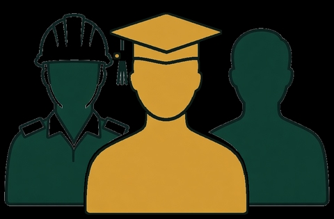 Third Manning — a graduate in a mortarboard at the front, a paramedic in a helmet and a student behind